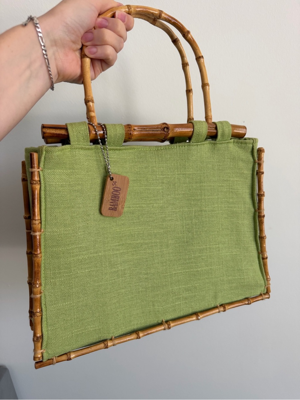 Bamboo Green Top Handle Bag Magnetic Closure, Lined, Inner Pockets, Charm